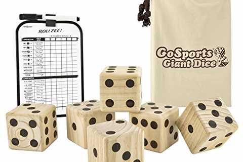 GoSports Giant 3.5" Wooden Playing Dice Set with Bonus Rollzee Scoreboard (Includes 6 Dice,..