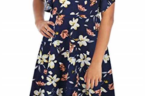 GORLYA Girl's Flutter Sleeve Stretchy A-Line Swing Flared Skater Party Dress with Pockets for 4-12..