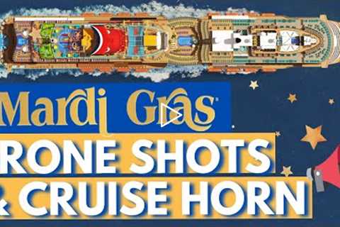 Carnival Mardi Gras Arrival to Port Canaveral Drone Shots &amp; Cruise Horn