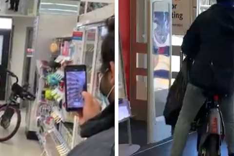 Walgreens Thief Casually Fills Trash Bag and Cycles Out While Security Guard Films