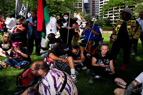 Demonstrators gather in Minneapolis during the sentencing of Derek Chauvin