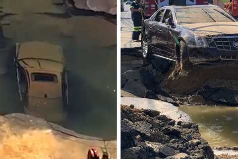 Cadillac Driver Ignores Barriers Around Waterworks Repairs, Instantly Regrets it
