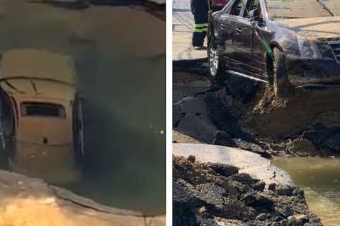 Cadillac Driver ignores Waterworks Repairs Barriers and Instantly Regrets It