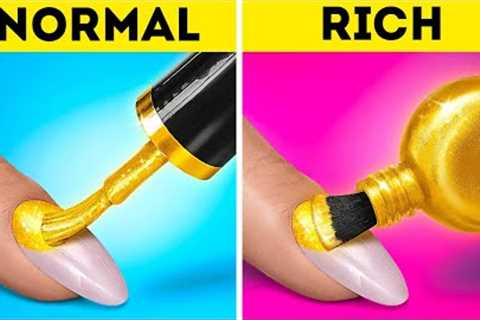 RICH VS BROKE DIY CRAFTS || Long Nails &amp; Long Hair! Girly Parenting Hacks By 123 GO! TRENDS