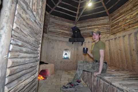 Build Complete Shelter with Fireplace from START TO FINISH - Plastic Roof &amp; Wood Stove with Clay