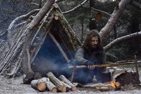 Bushcraft trip - making carving bench - permanent a-frame camp series [part 3 - long version]