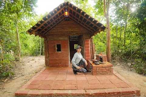Building Complete Bushcraft Survival Brick Shelter, Wooden roof, Clay Fireplace, START To FINISH