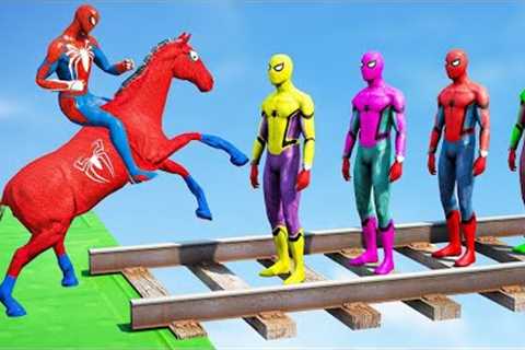 GTA 5 Gameplay Ragdolls Red Spiderman Horse On Spiderman Color Bridge Parkour (Funny Moments Fails)