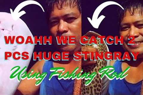 WOAHHH WE CATCH 2 PCS HUGE STINGRAY AND FISH USING FISHING ROD