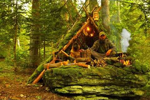 Building a Survival Shelter in a Forest - Camp food - Eating on stone - Camping alone with dog