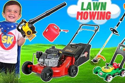 Lawn Mower, Weed Eater, Leaf Blower for Kids | Power Tools with Obstacle Course | Grass Cutting Play