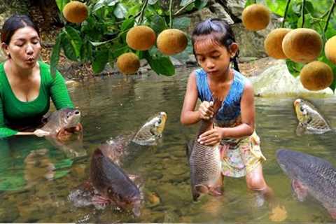 Found catch two big fish by river-Mother cooking fish spicy for lunch with daughter eating delicious