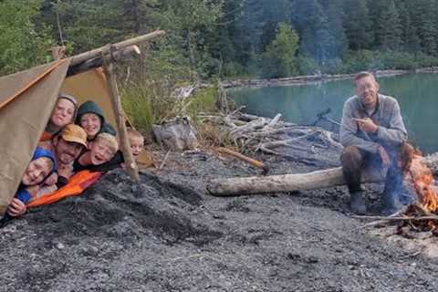Camping in a Bushcraft Shelter with Newbies! Fishing, camping and campfire cooking in Alaska