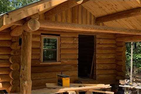 Log Cabin Build Part 24, windows and sliding glass door, subfloor, Skull Bliss carved longhorn skull