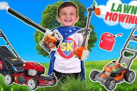 Lawn Mower Obstacle Course for Kids | Weed Eater | Leaf Blower | Grass Cutting Machine | Power Tools