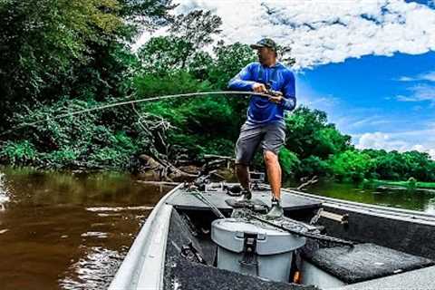 FROG ONLY CHALLENGE On a FLOODED, MUDDY RIVER!! || Jon Boat Bass Fishing