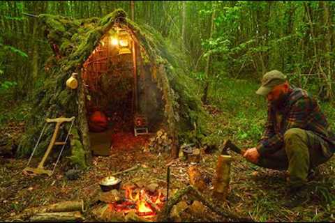 Building a Survival Shelter in a Forest - Camp food from natural herbs