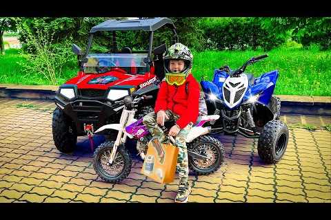 Den ride on Car Sportbike Quad Bike and Shopping - compilation for children