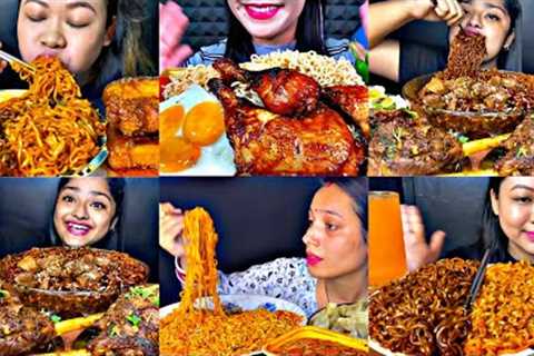 ASMR EATING SPICY BLACKBEAN NOODLES, MUTTON ROAST, EGGS, CHICKEN | INDIAN FOOD MUKBANG |FoodShood|