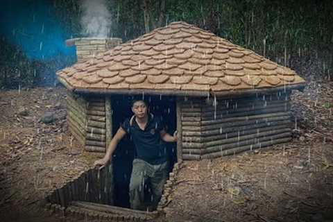 7 Days Building Bushcraft Survival Underground Shelter, Clay Fireplace, Mud Roof, Catch and Cook