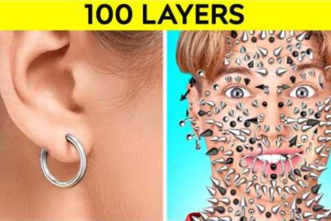 100 LAYERS CHALLENGE || 1000 Coats of Piercing, Nails, Tattoo, Makeup! DARE GAME by 123 GO!CHALLENGE