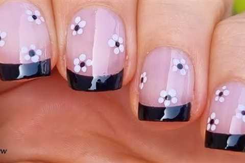 Feminine Black FRENCH MANICURE With Black &amp; White Flower NAIL ART / Easy NAILS TUTORIAL