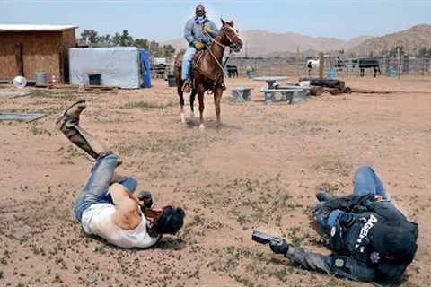 Man on horse ropes and drags my partner!