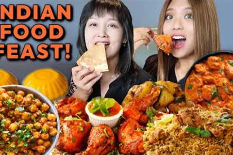 EATING INDIAN FOOD FEAST! TANDOORI CHICKEN, BUTTER CHICKEN, CHICKEN BIRYANI, CURRY, MANGO DESSERT