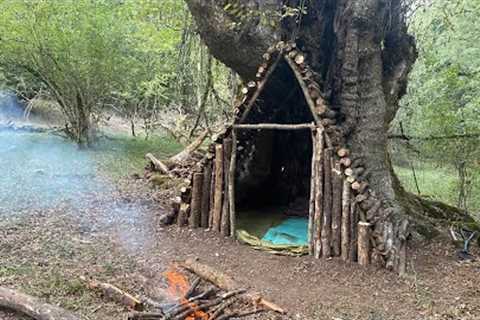 Build Bushcraft Survival Shelter In The Trunk &amp; Solo Overnight In The Bushcraft Tree Hut