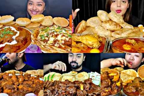 ASMR EATING SOFT PURI WITH CHICKEN &amp; MUTTON CURRY, DUM ALOO |BEST INDIAN FOOD MUKBANG |Foodie..