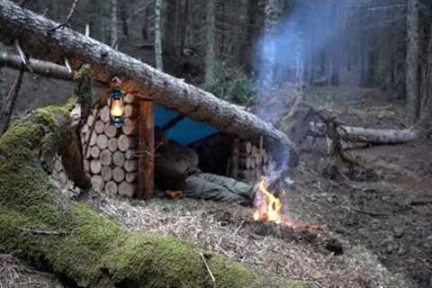 2-days alone deep in the wild forest. Build Shelter with cut wood logs. Rain. bushcraft Skills