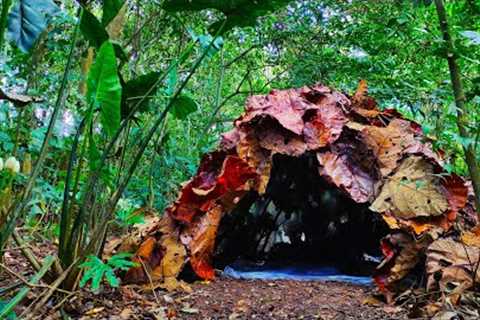 Building Complete And Warm Survival Shelter In The Trunk , Bushcraft Tree Hut &amp; Fireplace