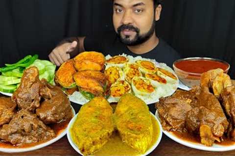 SPICY DESI STYLE MUTTON CURRY, HILSA FISH CURRY, BRINJAL FRY, BOILED EGGS, RICE, SALAD ASMR MUKBANG|