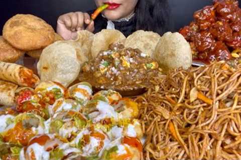 ASMR EATING CHOLE BATURE,EGG ROLL,CHOWMEIN,DAHIPURI,CHICKEN LOLLIPOP KACHORI *FOOD VIDEOS*