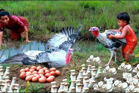 Survive Women - Son &amp; Mother Catch fish looking at big turkey and egg - cooking Mushrooms..