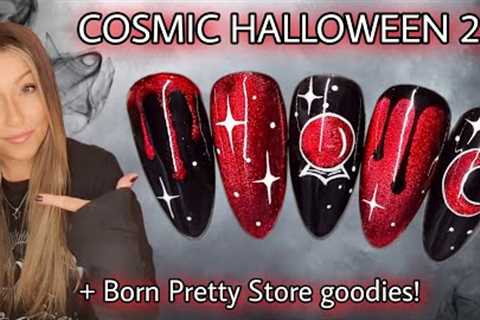 🔮 Cosmic Halloween nail art design | Easy Blood drip | Moon Star nails | Galaxy | Black Red