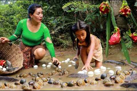 Have a lot snail .fish. duck eggs. pick for food- Mother cooking  snail &amp; egg for dinner