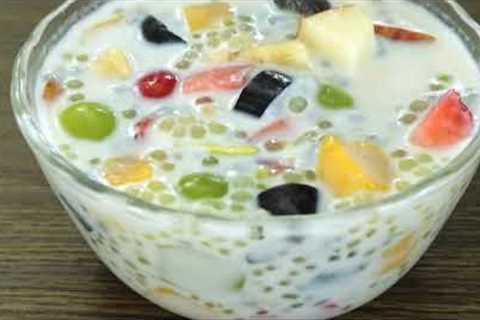 Eid Milad special fruit desert. Easy sago dessert. Quick and easy fruit custard desert recipe.
