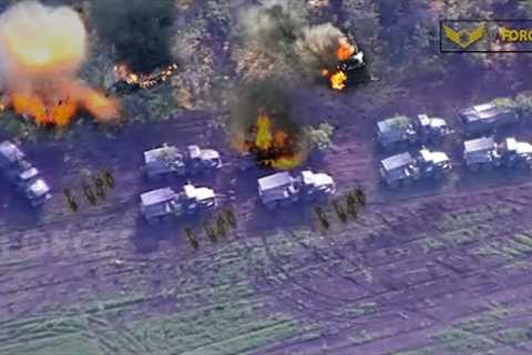 Drone Footage!! The 59th Brigade destroys column of military vehicles as Russian troops retreat