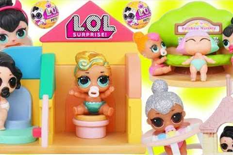 LOL Surprise Dolls + Lil Sisters go Shopping before Baby Nursery Toy School
