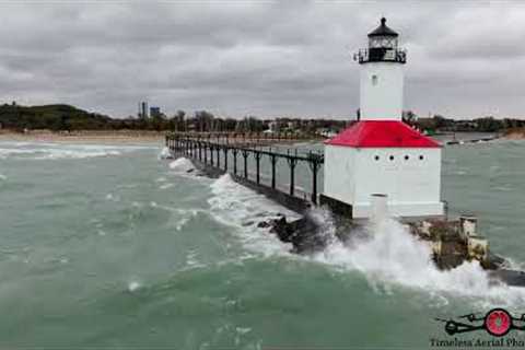 Beach GONE! Gale Winds Slamming Lake Michigan Lighthouse &amp; Shoreline Must See Drone Footage 4K