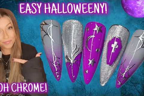 🕸 Easy Halloween Nails | Purple &amp; silver nail art design | Coffin star moon cobweb pumpkin |..