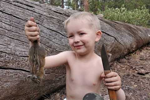 Survival Camping with 4 yr Old - Trapping, Knapping, Friction Fire &amp; Campfire Cooking
