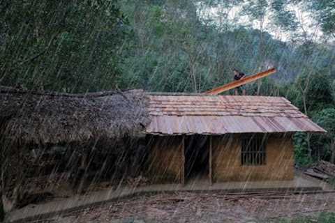 Complete cabin roof, planting bananas on a heavy rainy day. Primitive Skills (ep189)