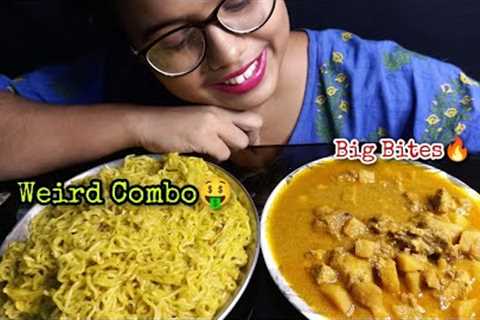 Eating Noodles &amp; Chicken Keema Curry|weird Combo|Indian Food Mukbang|Asmr Big Bites🔥|Messy..