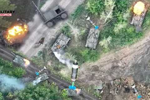 Today!! Drone Ukrainian dropping grenade to whole row of russia armoured vehicles near Kherson