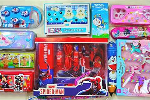 unboxing collection of pencil case, spiderman stationery kit, unicorn, doraemon watch, bts case, BTS