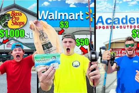 1v1v1 WALMART vs BASS PRO SHOP vs ACADEMY Fishing Challenge (Rod, Reel, Lures!)