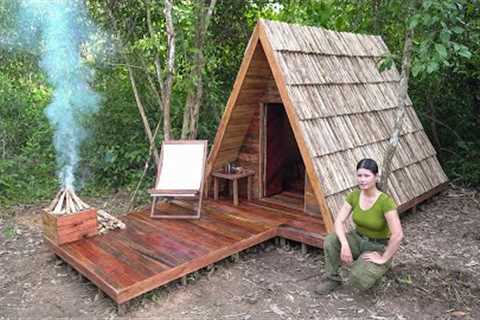 Building A-Frame Cabin With Wooden Roof from START TO FINISH | Alone in the wilderness build