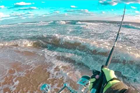 Striped Bass Fall Run Surf &amp; Bay Fishing FREEZING WINDY Fishing - Smooch and Release - Get Reel ..
